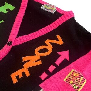 Vintage Bonjour International Fun Zone Cardigan Neon Checkerboard Knit Sweater